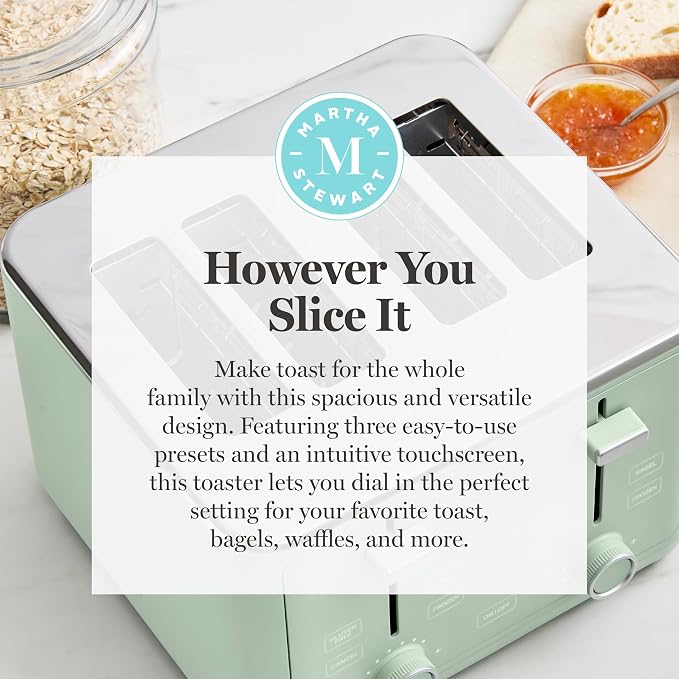 Martha Stewart 4-Slice Toaster, 3 Presets & 10 Shade Settings, Honeydew | Gluten-Free, Bagels, Extra-Wide Self Centering Slots, Waffles & Artisan Bread, Shade Memory, Cord Wrap & Removable Crumb Tray