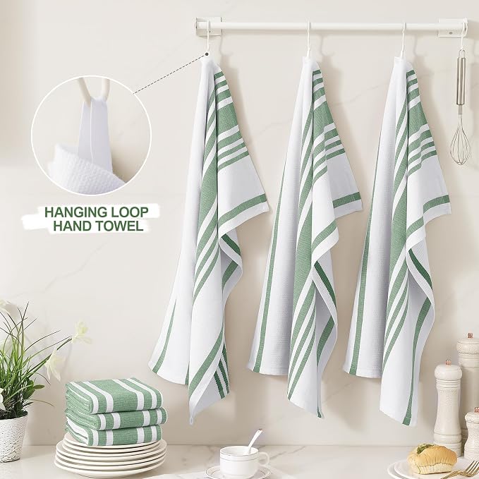 Homaxy Premium Cotton Stripe Kitchen Towels 8 Pack, 18"x 28", Grass Green | Large 380 GSM Kitchen Hand Towels, Soft Terry Dish Towels, Highly Absorbent Tea Towel Set with Hanging Loop
