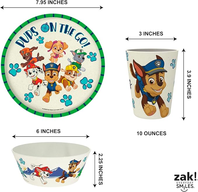 Zak Designs PAW Patrol Kids Dinnerware Set 3 Pieces, Durable and Sustainable Melamine Bamboo Plate, Bowl, and Tumbler are Perfect For Dinner Time With Family (Chase, Marshall, Skye & Friends)