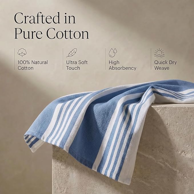 Urban Villa Kitchen Towels 100% Cotton Dish Towels for Kitchen (Set of 6) 20”x30” Dish Cloths Highly Absorbent Kitchen Linen Set with Hanging Loop Perfect for Drying Dishes Cleaning Towels-Blue White