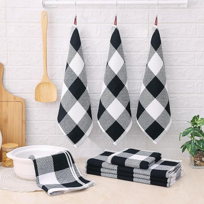 Homaxy Kitchen Towels and Dishcloths Set, Set of 16, White & Black | Bulk Cotton Waffle Weave Check Plaid Kitchen Towels, Super Soft and Absorbent Dish Cloths, 12 x 12 and 13 x 28 Inches