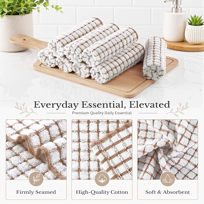 Homaxy 12 Pack Terry Kitchen Dish Cloths, 12"x12", Brown | Super Soft and Absorbent Dish Rags, Quick Drying Reusable Dish Towels for Washing Dishes