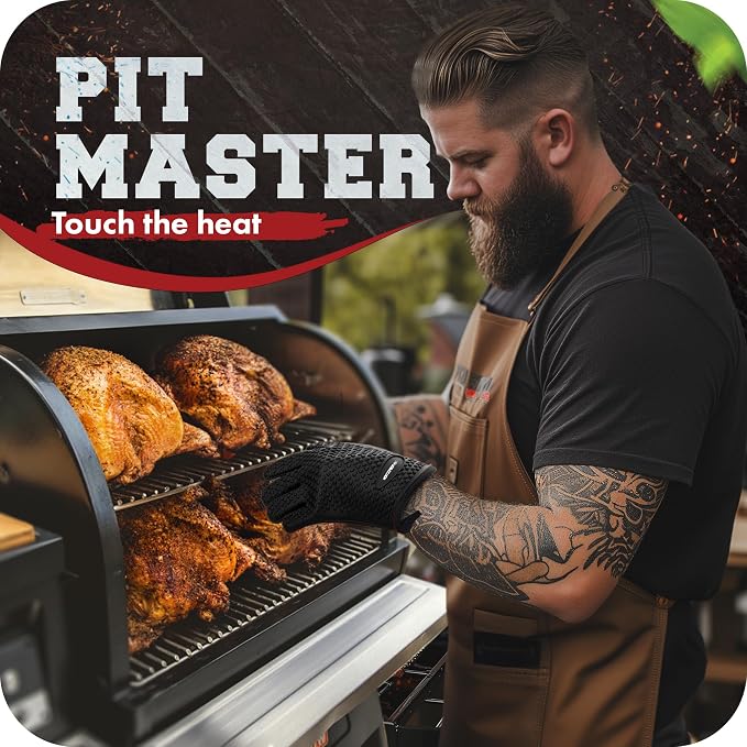 KITCHEN PERFECTION Silicone Smoker BBQ Gloves - Heat Resistant Oven Mitts | Waterproof, 5-Finger Design For A Better Grip, for Pitmasters, Meat Smoking, Grilling, Cooking, Frying Turkey | Grill Gift