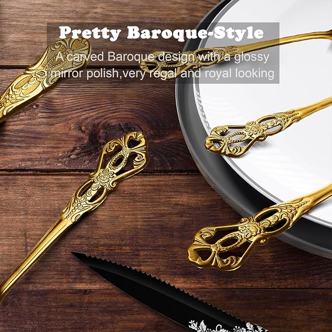 Runfly Gorgeous Retro Royal Gold Stainless Steel 48-Piece Flatware Set | Silverware Set for 8, Anti-rust Cutlery Set Utensils Kitchen Including Fork Spoon and Knife
