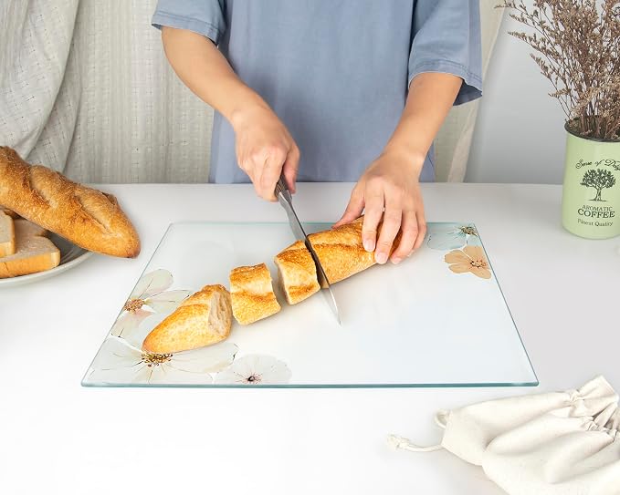 Glass Cutting Board 16"x12": Tempered Glass Kitchen Counter Protector - Durable- Scratch-Resistant, Heat-Proof - Design 5 - Floral Design