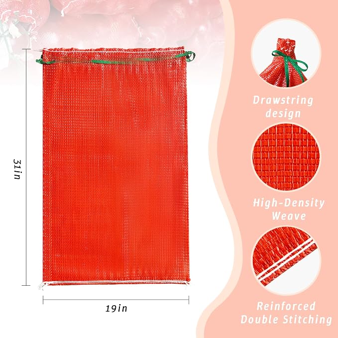 50 Pack Extra Large Drawstring Mesh Produce Bags 31" x 19" Reusable Breathable Vegetable Storage Bags for Onions Potatoes Firewood Crawfish Citrus, 60 lb Capacity