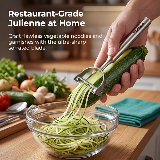 2-in-1 Julienne Vegetable Peeler, Julienne Peeler Shredder Tool | Stainless Steel Handed Julian Peels and Slices for Kicthen, Suitable for Make Vegetable Noodles, Fruit and Vegetable Salad