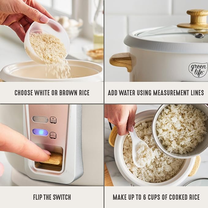 GreenLife Rice Cooker with Removable PFAS-Free Ceramic Nonstick Pot, 3-Cups Uncooked/6-Cups Cooked, Grains & Oatmeal Multicooker, Compact One-Switch Design, Auto Keep Warm, Easy Clean, Cream