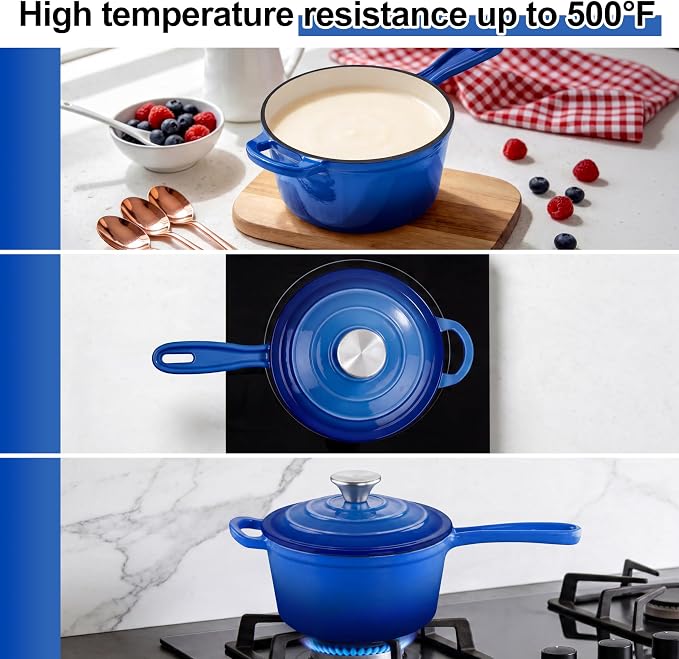 1 Quart Saucepan with Lid, Leonyo Enameled Cast Iron Dutch Oven Pot, Non Stick Small Cooking Pots Kitchen Induction Cookware for All Cooktops Cooking Pasta, Soup, Ramen - Up to 500°F, Dark Blue