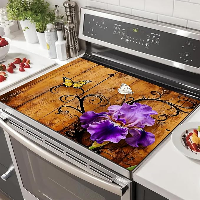 HOMETITUTE Spring Stove Top Cover 28x20 Purple Iris Butterfly Heat Resistant