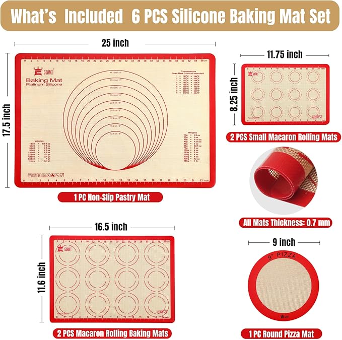 Silicone Baking Mat Set of 6, Includes 25"x17.5" Large, 2 Medium 16.5"x11.6", 2 Small 11.75"x8.25", 9" Round, All Mats 0.70mm Thick, Non-Stick Reusable Baking Mats for Pizza, Cookie, Bread