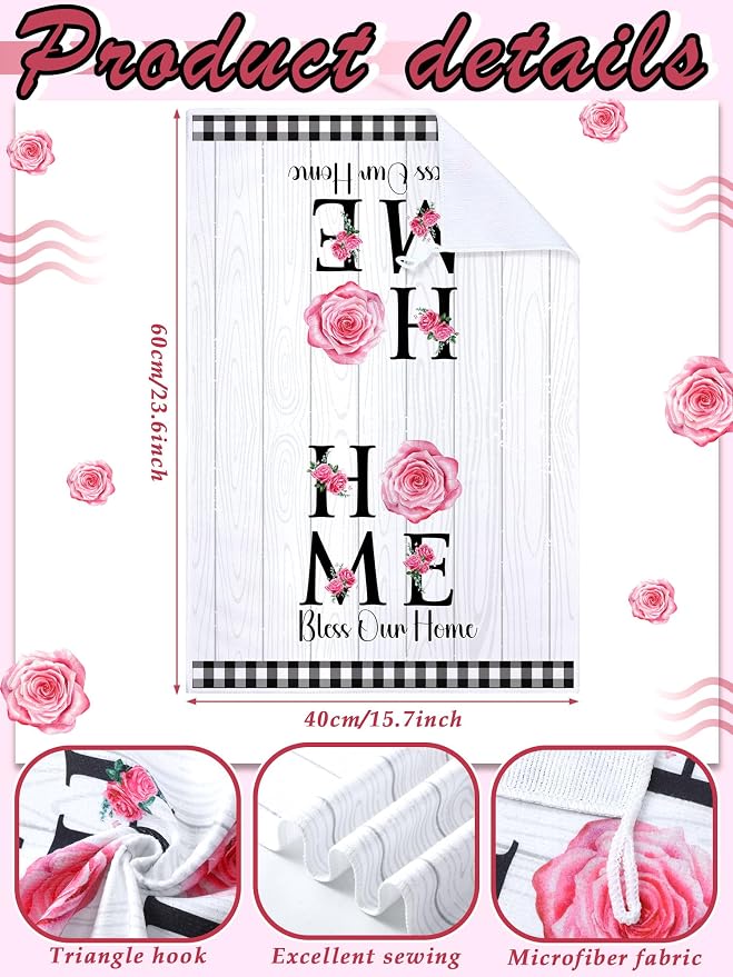 4 Pcs Pink Rose Kitchen Towels Floral Hand Tea Towels Gifts | Buffalo Plaid Absorbent Dishcloth Fast Drying Decor Housewarming Gift for Women Mom Cooking Kitchen Bathroom