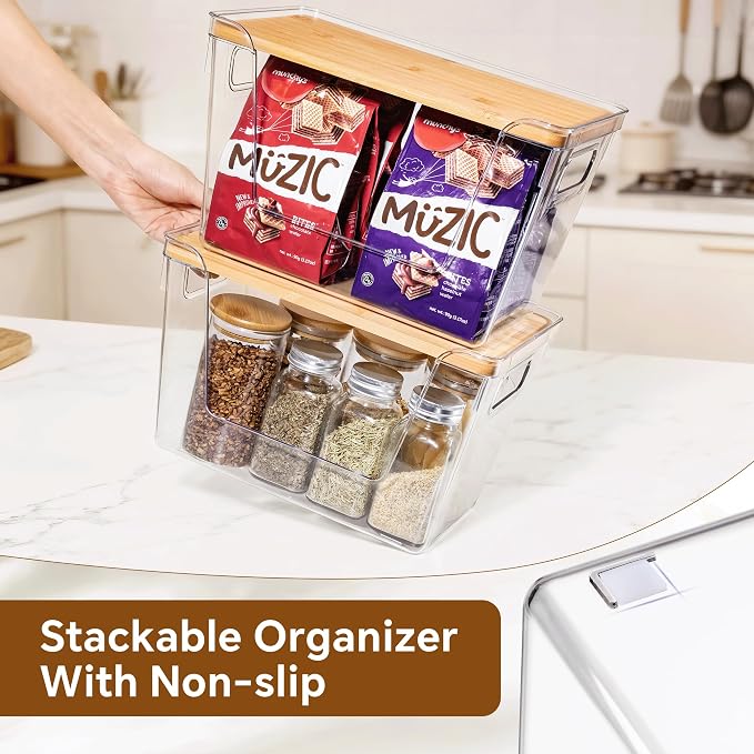 2 Set Pantry Organizers and Storage with Bamboo Lids, Stackable Clear Bins for Onion, Potato, Fruit, Vegetables, Trash Bag Dispenser, Kitchen and Under Sink Organizer
