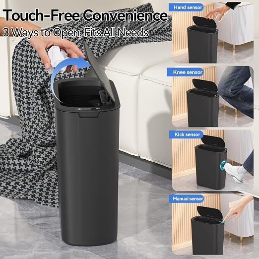 FRESHLIX 5 Gallon Bathroom Automatic Trash Can with Lid, Motion Sensor Touchless Trash Bin,Smart Electric Slim Waterproof Garbage Bin for Toilet, Office, Kitchen, Bedroom, Living Room (Black)