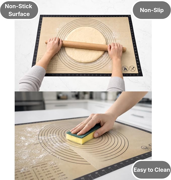 Silicone Pastry Mat with Measurements, 28 x 20 Inch Extra Thick Non-Slip Nonstick XL Baking Mat for Dough Rolling, Kneading, Fondant and Pie, Gray