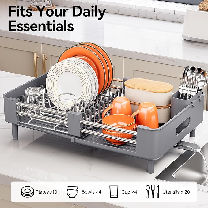 Urackify Extendable Stainless Dish Drying Rack for Kitchen Counter, Gray | 13.78"W x 18.7"L, Foldable Drainboard for Space Saving, Knife and Utensil Holder, Fast-draining Spout