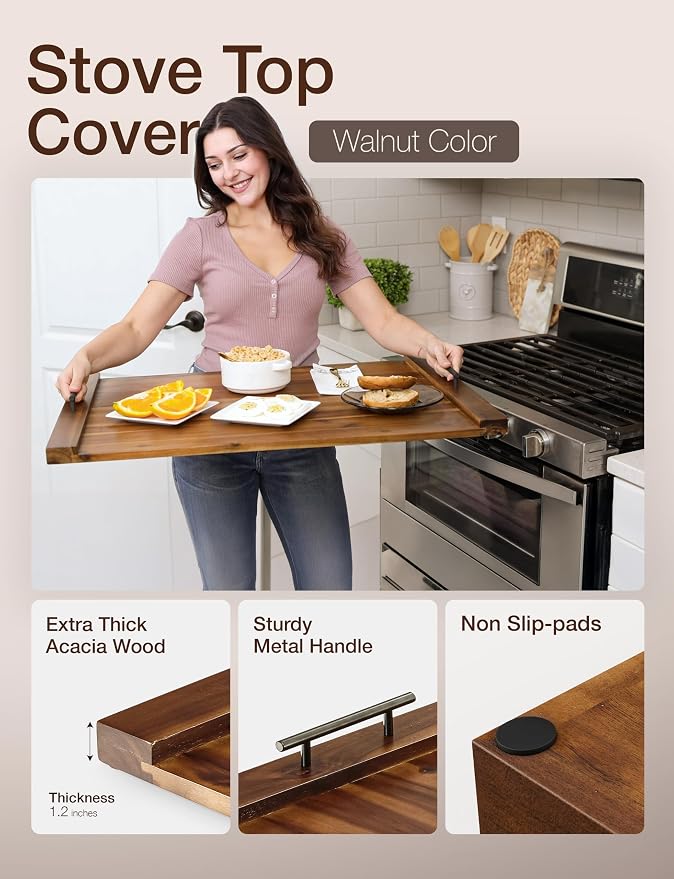 TIDITA Acacia Stove Top Covers for Electric Stove, Handles, Walnut color | Acacia Wood, Metal Handles, Non-Skid Pads, Easy Assembly, Wooden Noodle Board for Gas Stovetop, Gas Stove Cover, Multi-Use