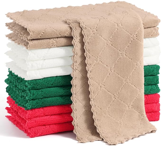 Homaxy 12 Pack Super Soft Absorbent Coral Velvet Dish Cloths, 10" x 10" | Dark Green/Tan/Red/White, Nonstick Oil Fast Drying Microfiber Cleaning Cloth, No Lint Household Dishcloths