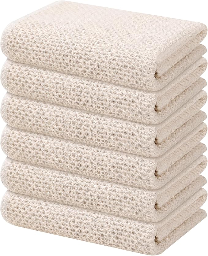 Kitinjoy 100% Cotton Waffle 6-Pack Kitchen Towels, 13" x 28", Beige | Super Soft, Ultra-Absorbent, Fast Drying, lightweight, Quick Drying Kitchen Hand Towels