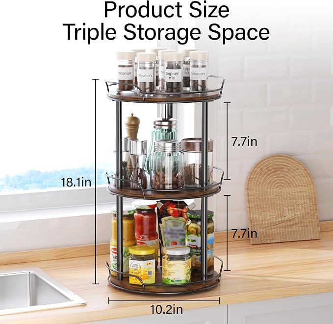 10'' Lazy Susan Turntable Organizer, 3-Tier Rotating Spice Rack | Wooden Lazy Susan, for Cabinet, Table Top, Kitchen Countertop, Pantry, Bathroom, Vanity, Home Decor