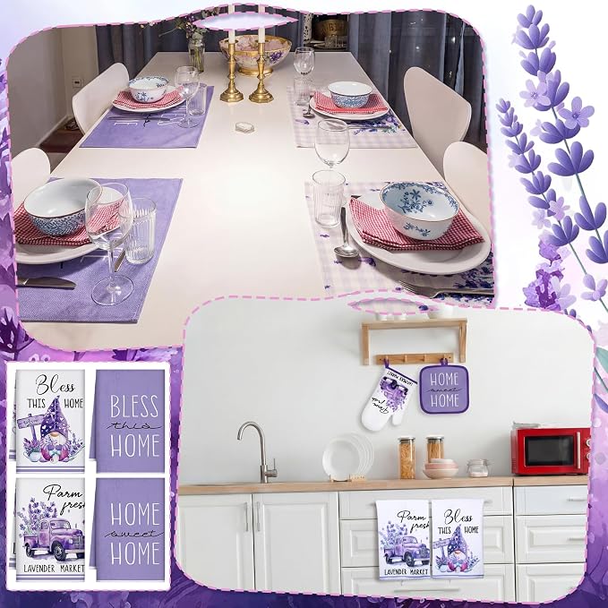 16 Pcs Lavender Kitchen Decor Set 4 Purple Kitchen Towels 4 Lavender Placemats 2 Non Slip Rugs and Mats for Floor 2 Spring Oven Mitts Gloves 2 Pot Holders 2 Floral Curtains for Home Decoration Gift