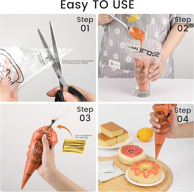 TOPULORS Disposable Piping Bags, 12"H 14" Full Size, 100PCS Pastry Bags | With Twist Ties, Extra Thick Tear Resistant Non-Slip Tipless Icing Bag, Easy Squeeze for Cake Cookie Frosting Decoration