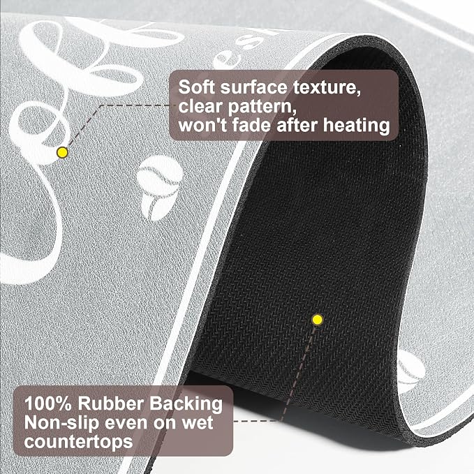 CooRug Fashion Coffee Mat, Dish Drying Mat 12" x 20" Light Grey | Hide Stain, Absorbent, Coffee Bar Accessories, Heat Resistant, Non-slip, Eco-friendly, Easy to Clean
