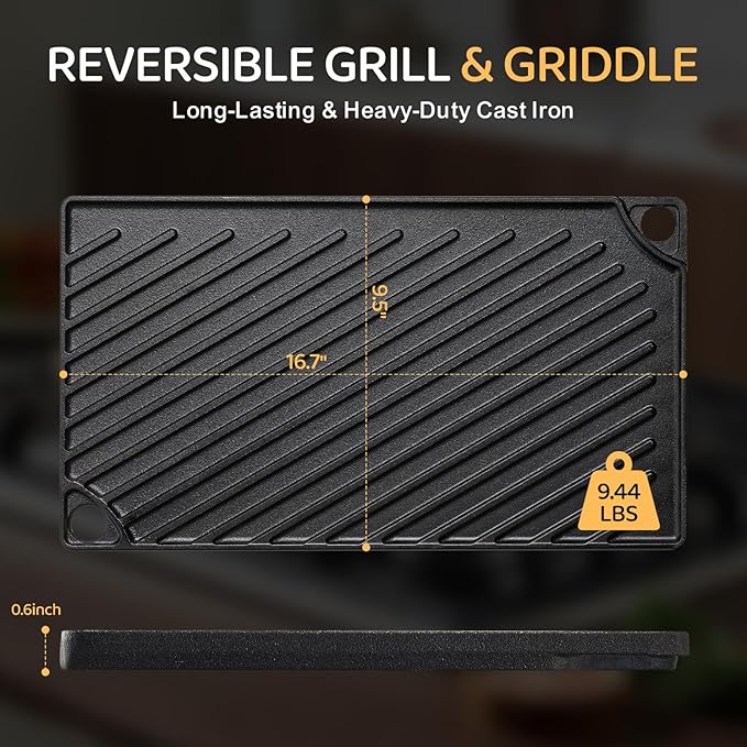 EWFEN Reversible Grill/Griddle, 16.7x9.5'' Pre-Seasoned Cast Iron Griddle Pan, Double Burner Cookware, Rectangular Stovetop Griddle with Handles, Flat Top Plate for Oven, Grill & Campfire