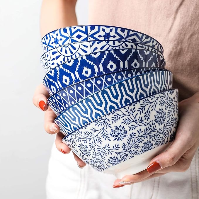 Selamica Blue and White Porcelain 20oz Cereal Bowl Set - Set of 6, 6 inch Soup Bowls, Ceramic bowls for Cereal, Soup, Salad and Pasta, Vintage Blue | Ceramic bowls for Cereal, Soup, Salad and Pasta