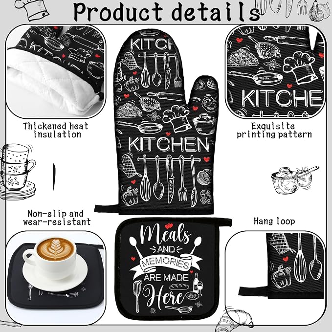 Fourluoo 10 Pcs Black and White Kitchen Decor Farmhouse Oven Mitts and Pot Holders Sets Vintage Kitchen Dish Towels Rustic Pattern Oven Mitts for Home Decorations Baking Cooking