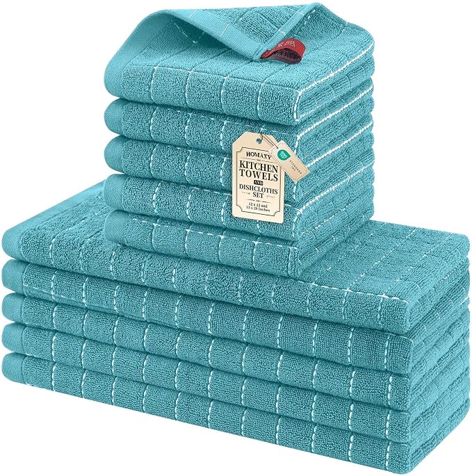 Homaxy Kitchen Towels and Dishcloths Set, Set of 10, Lake Blue | Bulk Cotton Terry Kitchen Towels, Checkered Designed, Soft and Super Absorbent Dish Towels, 12 x 12 and 13 x 28 Inches