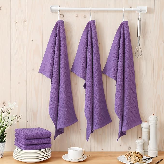 Homaxy 100% Cotton Terry Kitchen Towels(15" x 25", 6 Pack), Purple | Soft and Super Absorbent Dish Towels, 380 GSM Reusable Tea Towel with Hanging Loop, Pineapple Grid Designed