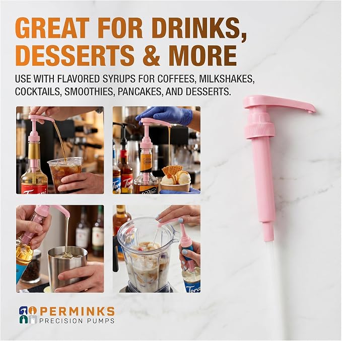 Syrup Pump, Compatible with 750ml Torani, Davinci & Skinny, 2-Pack, Pink | Leak-free, 1/4oz precision pump with locking nozzle. Great for coffee bar accessories, dirty soda stations & dessert sauces