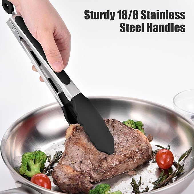 Doosu Kitchen Tongs with Silicone Tips for Cooking Serving (9in, Black) | 600°F Heat Resistant Food Tong, Heavy Duty Stainless Steel Locking Tong for BBQ, Grilling Steak, Salad, Toast, Pasta