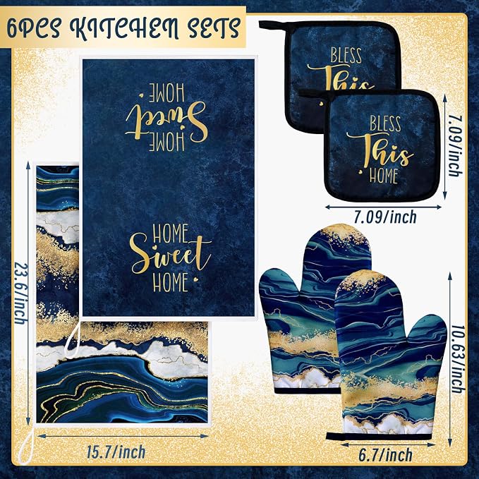 Bencailor 6 Pcs Blue Kitchen Decor Kitchen Towels, Oven Mitts and Potholder | Blue Marble Kitchen Decor and Accessories, 2 Kitchen Mitts Set, 2 Pot Holder and Towels for Baking Cooking Cleaning Supply