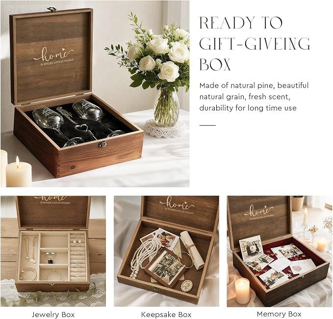 AW BRIDAL House Warming Gifts New Home Wine Glasses with Wood Keepsake Box | 2026 Closing Gift for Home Buyers and Homeowner, New Apartment Gift Basket for Couple, First House Present for Newlyweds