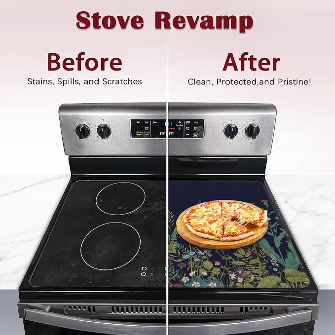Herbs and Wild Flowers Stove Top Cover for Electric, Glass Ceramic Stove Cover, Heat Resistant Flat Stovetop Protector, Dish Drying Mats for Kitchen
