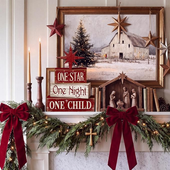 Lineshading 4 Pcs Christmas Nativity Table Decor, Bethlehem Star Wood Sign | Red Rustic Christmas Tiered Tray Decor, Nativity Wood Stacked Sign, Tray Kitchen Shelf Home Decor, Holiday Centerpiece