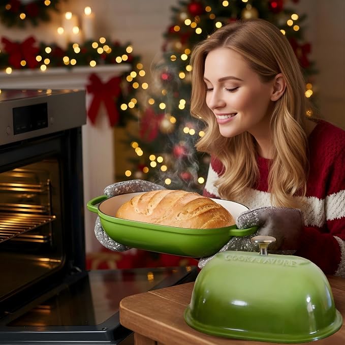 Cast Iron Bread Oven,6 QT Bread Oven,Thick Enameled Loaf Pan with Lid,Bread Pans for Homemade Bread,14.5"Dutch Oven for Bread Baking,Dutch Oven-with Silicone Baking Mat&Recipe,Gifts for Family,Green