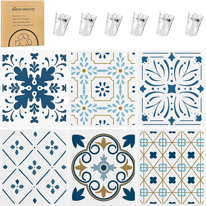 6 Pack Swedish Dishcloths for Kitchen,Swedish Rags Dish Towels with Clips | Reusable Paper Towels Washable Absorbent Cellulose Sponge Cloths for Countertop Dishes Sink Kitchen