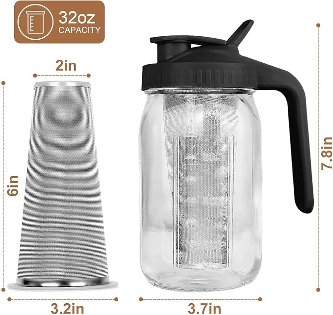 Cold Brew Coffee Maker, 32 oz Mason Jar Pitcher with Stainless Steel Filter, Pour Spout Handle Lid, Heavy Duty Glass Airtight & Leak-Proof for Iced Coffee,Tea & Lemonade