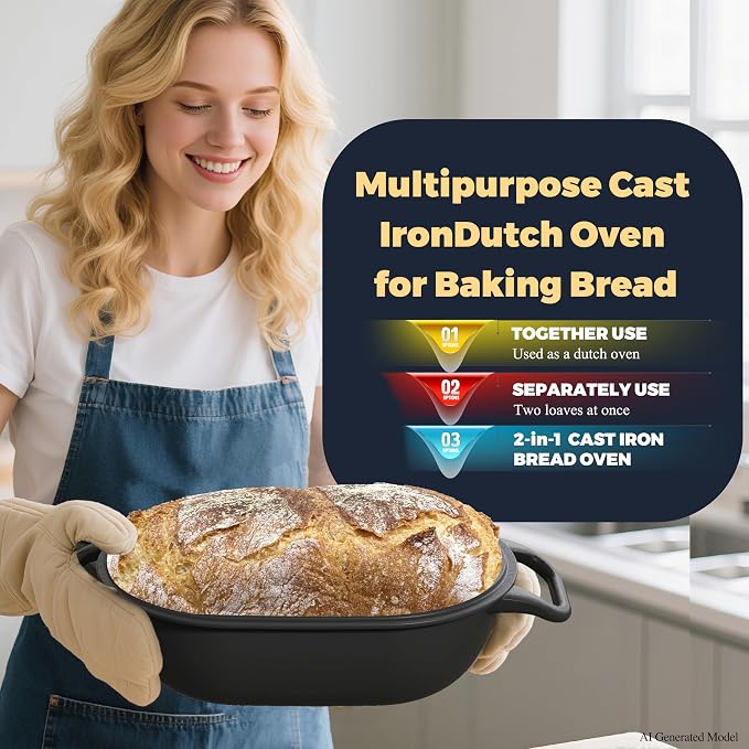 12 x 8 Inch 5QT Oval Dutch Oven for Bread Baking, Cast Iron | Bread Oven with Lid for Sourdough Baking, Dutch Oven Bread Loaf Pan Creates Crispy Crust for Artisan Homemade Bread