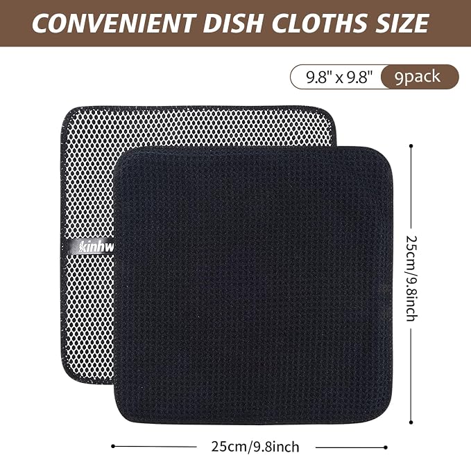 Dish Cloths for Washing Dishes with Scrub Side, Microfiber Dish Rags | Dual-sided microfiber dish cloths with scrubber for stuck-on food, quick dry kitchen washcloths 9 Pack, 9 Inch dark-black