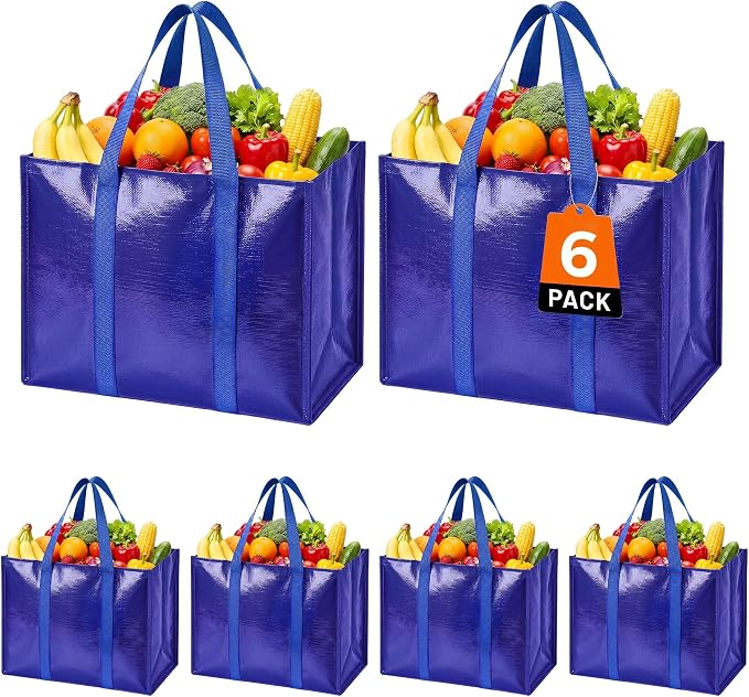 Reusable Grocery Bags, Waterproof & Foldable Shopping Bags Stand Upright | Heavy Duty Shopping Tote Bags, Waterproof & Foldable with Long Handles for Bulk Shopping, Versatile Storage 6 Pack-33L