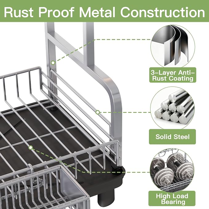 2 Tier Dish Drying Rack and Drainboard Set for Kitchen Counter | Dish Drainer with Drainboard, Cups Holder for Small Kitchen, Space Saving, Rustproof, Auto Drain, Fits for 1-2 People