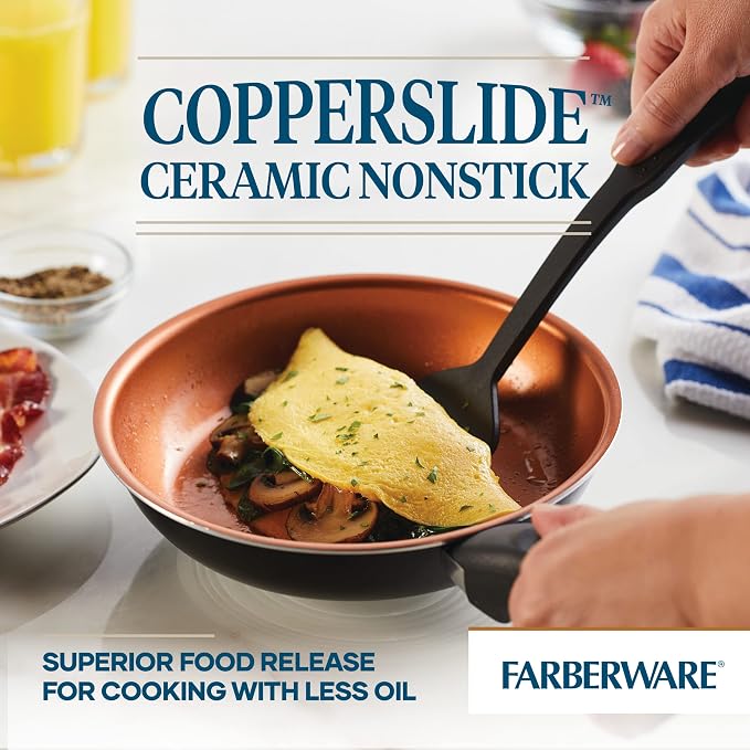 Farberware Glide Copper Ceramic Nonstick Egg Poacher Pan with Lid, 8-Inch, Black