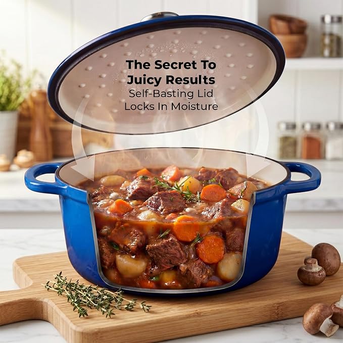 Zulay Kitchen 7.7 Quart Enameled Cast Iron Dutch Oven Pot with Lid – Premium Durability & Oven Safe up to 500°F – Heavy Duty Cookware Perfect for Bread Baking, Stews, Braising & Roasting – Blue