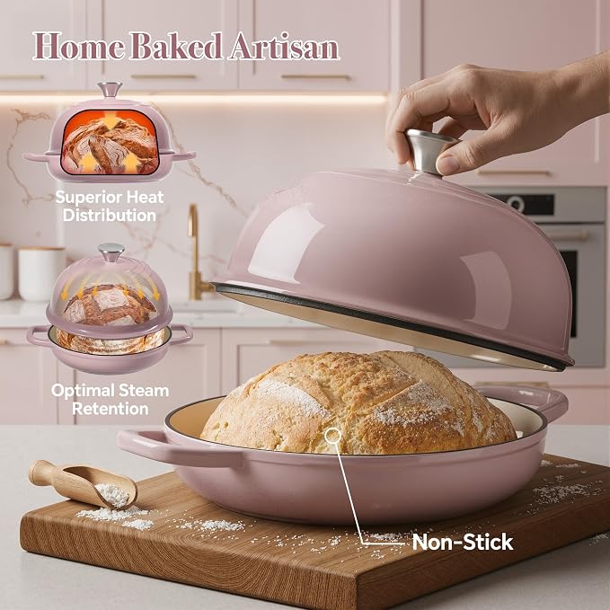 4.5 QT Dutch Oven for Bread Baking,Cast Iron Bread Oven for Sourdough,Enamelled Bread Dutch Oven with Lid,Heavy-Duty Non Stick Bread Pot, Pink