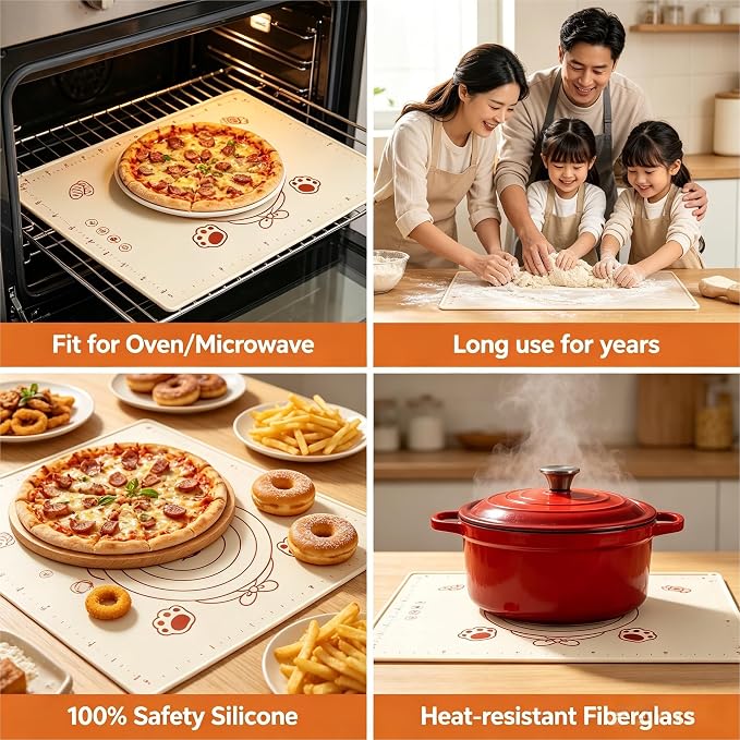 Silicone Baking Pastry Dough Mat - 28"x20" Extra Thick Dough Rolling Matt with Measurement, NonStick Kitchen Counter Kneading Pad Raised Edge, Reusable Heat Resistant for Bread Pizza Fondant Pie Crust