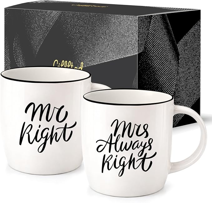 Triple Gifffted Mr Right and Mrs Always Right Coffee Mugs Gift Set, 13oz | Gifts for Couples, Wedding Anniversary, Engagement, Christmas, His & Hers, Bride and Groom, Parents, Newlyweds Bridal Shower